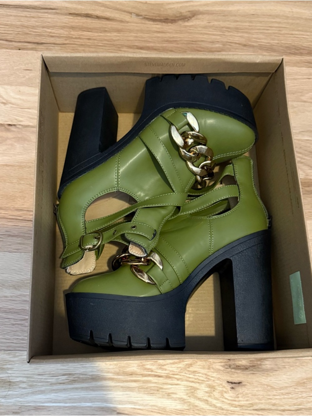 Shoe Republic LA Olive Green Platform Sandals with Gold Chain Accent